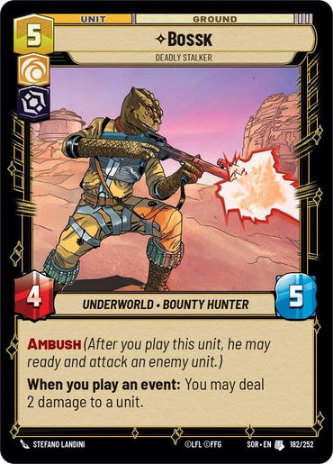 A trading card called "Bossk - Deadly Stalker (182/252) [Spark of Rebellion]" by Fantasy Flight Games, featuring Bossk, a "Bounty Hunter" ground unit. The card shows Bossk firing a rifle in a desert setting and includes the following stats: "5" on both top corners, with "4" and "5" on the red and blue shields respectively. Abilities listed are Ambush and dealing 2 damage during Spark of Rebellion events.