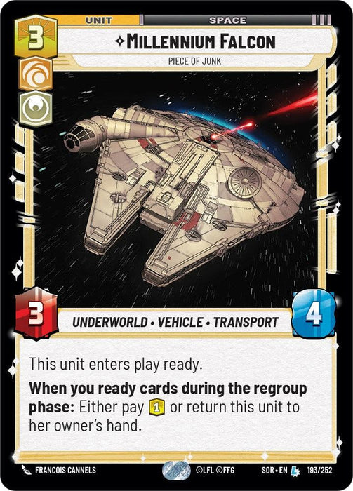 A legendary card from the game featuring the "Millennium Falcon - Piece of Junk (193/252) [Spark of Rebellion]" by Fantasy Flight Games. This unit card falls under "Space" with a cost of 3 and stats of 3/4. Icons indicate "Underworld," "Vehicle," and "Transport." The special ability reads: "When you ready cards during the regroup phase: Either pay 1 or return this unit to her owner's hand.