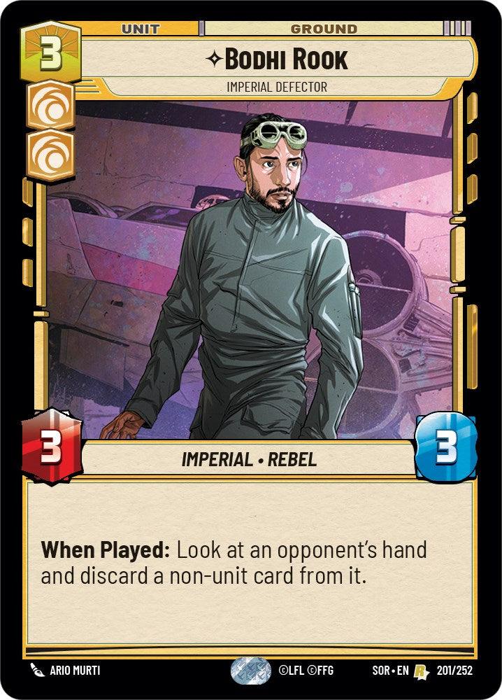 The card, titled "Bodhi Rook - Imperial Defector (201/252) [Spark of Rebellion]" from Fantasy Flight Games, features Bodhi Rook in a pilot outfit with goggles. Symbols on the top left indicate resources. The card is labeled "Imperial - Rebel" and provides a gameplay ability: inspecting an opponent's hand to discard a non-unit card.