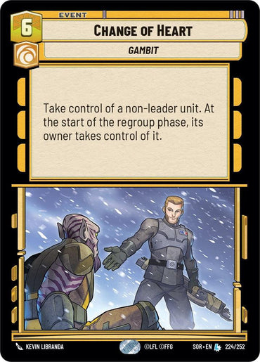 A card titled "Change of Heart (224/252) [Spark of Rebellion]" from Fantasy Flight Games depicts an armored humanoid handing a weapon to a purple-skinned, striped-marked alien. The card text states: "Take control of a non-leader unit. At the start of the regroup phase, its owner takes control of it.