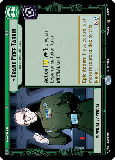 The trading card, titled "Grand Moff Tarkin - Oversector Governor (007/252)" from Fantasy Flight Games' "Spark of Rebellion" collection, features an illustration of a stern-looking man in an Imperial military uniform complete with rank insignia and code cylinders, set against a control room background. The card details his abilities as an Oversector Governor and outlines his actions during gameplay.