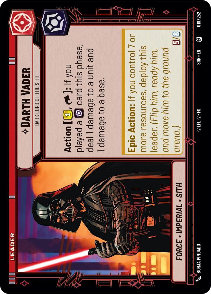 A trading card of Darth Vader - Dark Lord of the Sith (010/252) [Spark of Rebellion] from Fantasy Flight Games. Featuring the Dark Lord of the Sith with a lightsaber, it includes his stats and abilities, detailing how he can deal damage and ready himself. The red, Sith-themed background highlights his 