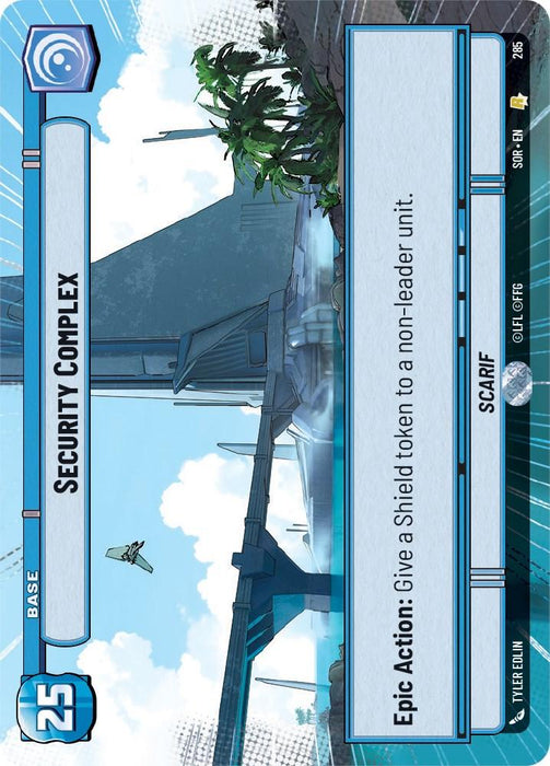 A Star Wars-themed card titled "Security Complex (Hyperspace) (285) [Spark of Rebellion]" from Fantasy Flight Games features an illustration of an Imperial base on Scarif with palm trees and modern structures against a bright sky. The card has a defense value of 25 and an epic action that allows the player to give a unit a shield token, symbolizing the Spark of Rebellion.