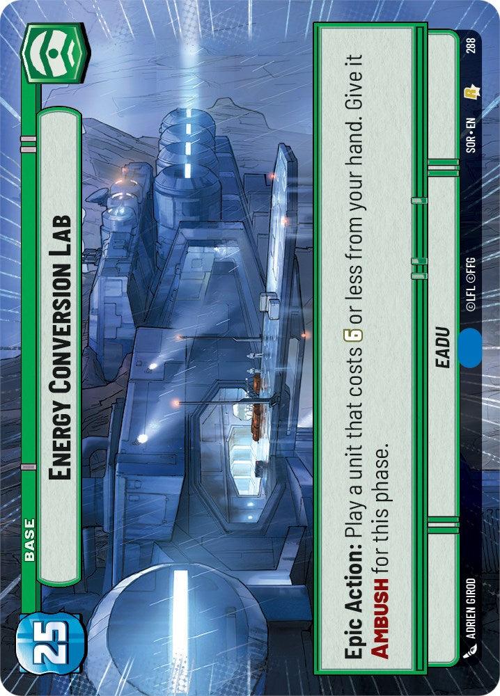 A vertically-oriented card from the game Spark of Rebellion. The card features an illustration of a large, futuristic industrial facility with various structures and lights. At the top left, a green symbol with the number 