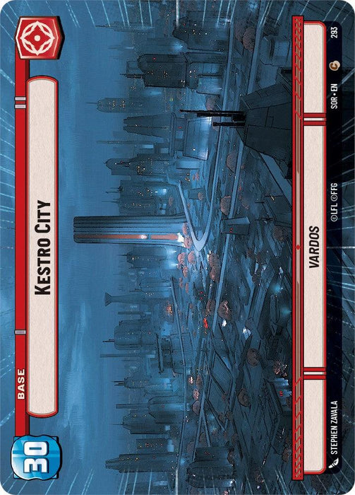 A card from a game by Fantasy Flight Games depicts a futuristic cityscape titled "Kestro City" with towering buildings and illuminated structures. The design features a red and white border, the name "Hyperspace" on the side, and "293" subtly embedded. The number "30" and other game-related symbols are also present.