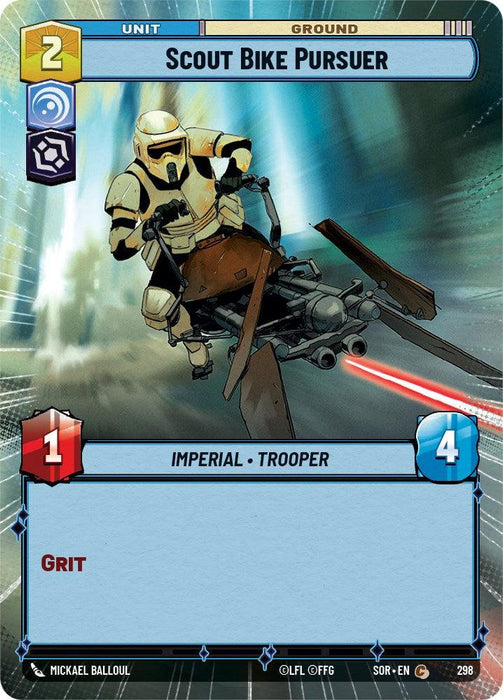 A card from the game titled "Scout Bike Pursuer (Hyperspace) (298) [Spark of Rebellion]" by Fantasy Flight Games. It depicts an Imperial Trooper riding a futuristic hoverbike, set against a dynamic, blurred background. The hoverbike has weapon attachments. The card has various stats and abilities: a cost of 2, power of 1, and defense of 4. Text includes "IMPERIAL - TROOPER" and "GRIT.