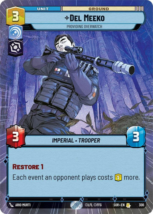 A trading card featuring "Del Meeko - Providing Overwatch (Hyperspace) (300) [Spark of Rebellion]," designated as an "Imperial Trooper" aligned with "Ground." The card showcases a heavily armored trooper aiming a blaster. With 3 resources for deployment, the card has the ability "Providing Overwatch," stating, "Each event an opponent plays costs 1 more" with "Restore 1." This product is by Fantasy Flight Games.