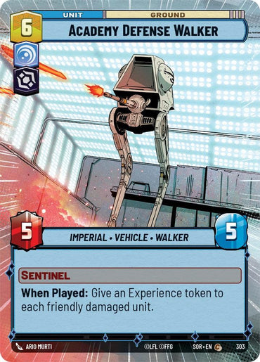 A card from a game depicting an "Academy Defense Walker (Hyperspace) (303) [Spark of Rebellion]," an Imperial Vehicle with two legs and a cannon. The card's stats are 5 attack and 5 defense. A special ability called "Sentinel" grants experience tokens to damaged friendly units when played. The card has a value of 6 and is illustrated by Ario Murti. This product is from Fantasy Flight Games.