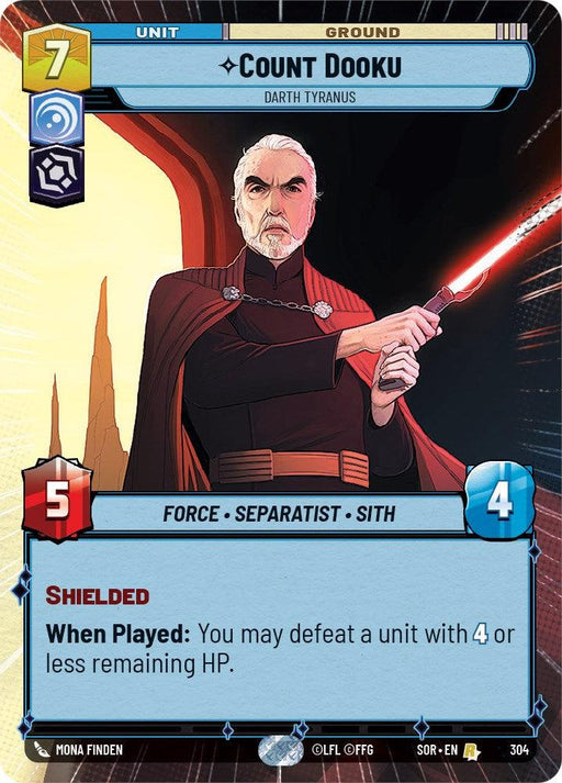 Illustration of Count Dooku, a Sith from the Star Wars universe, wielding a red lightsaber. He has gray hair and a stern expression. The card, part of the Spark of Rebellion series, describes him as a 7-cost unit with 5 attack and 4 health. It has Shielded ability and defeats units with 4 or less remaining HP. This is Count Dooku - Darth Tyranus (Hyperspace) (304) [Spark of Rebellion] by Fantasy Flight Games.