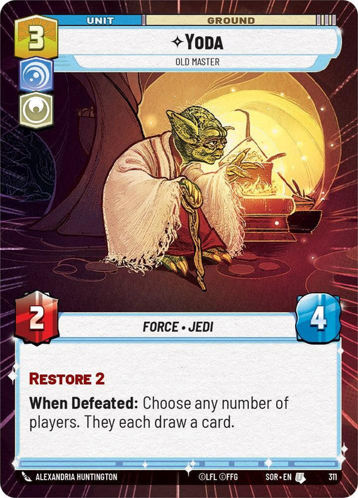 A game card titled "Yoda - Old Master (Hyperspace) (311) [Spark of Rebellion]" from Fantasy Flight Games. It depicts the wise Jedi in a meditative pose, clad in white robes and holding a cane, against a glowing, futuristic background. The card's stats are "3 Unit - Ground," "2 Attack," and "4 Health." Special ability: "Restore 2" and "When Defeated.