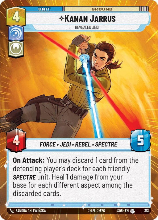 A detailed trading card of "Kanan Jarrus - Revealed Jedi (Hyperspace) (313) [Spark of Rebellion]," a Jedi character wielding a blue lightsaber from the Spark of Rebellion series by Fantasy Flight Games. This uncommon card has attributes: 4 Force, 4 Attack, 5 Defense. Text: "On Attack: You may discard 1 card from the defending player's deck for each friendly SPECTRE unit and heal 1 damage from your base for