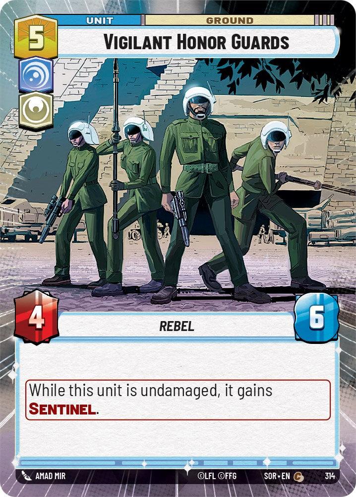 A card from a game depicts four soldiers in green uniforms standing in front of a futuristic pyramid-like structure. Each soldier wears a helmet with a visor and holds a weapon. The card, titled 