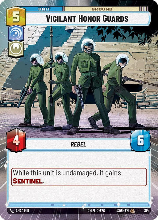 A card from a game depicts four soldiers in green uniforms standing in front of a futuristic pyramid-like structure. Each soldier wears a helmet with a visor and holds a weapon. The card, titled "Vigilant Honor Guards (Hyperspace) (314) [Spark of Rebellion]," shows stats of 4 attack, 6 health, and notes an ability called "Sentinel." This group embodies the Spark of Rebellion. This product is by Fantasy Flight Games.