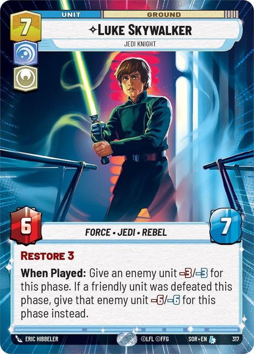 A "Star Wars: Unlimited" trading card featuring "Luke Skywalker - Jedi Knight (Hyperspace) (317) [Spark of Rebellion]," showcases him with a green lightsaber. With stats of Cost 7, Power 6, and Health 7, his abilities include Restore 3 and weakening enemy units when played. Additional effects are triggered if a friendly unit was defeated. This product is brought to you by Fantasy Flight Games.