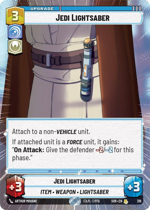 A rare card from the Star Wars: Destiny game, depicting a brown-robed figure with a lightsaber hilt attached to their belt. The card reads: "Jedi Lightsaber (Hyperspace) (319) [Spark of Rebellion]." It has 3 resource cost and provides +2 attack and +3 defense. The attached unit gains "-2/-2 on attack" for the current phase, igniting the spark of rebellion from Fantasy Flight Games.