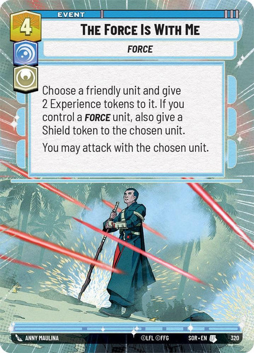 A card from the game titled "The Force Is With Me (Hyperspace) (320) [Spark of Rebellion]" by Fantasy Flight Games features an illustration of a warrior with a staff, set against a backdrop of palm trees and laser fire. Titled "Spark of Rebellion," the card details: "Choose a friendly unit and give 2 Experience tokens to it. If you control a FORCE unit, also give a Shield token to the chosen unit. You may attack.