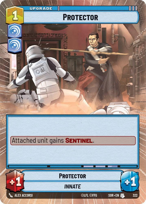 A Star Wars-themed card titled "Protector (Hyperspace) (322) [Spark of Rebellion]" from Fantasy Flight Games shows Chirrut Îmwe, a man in dark robes, fending off two armored stormtroopers with a staff. The card has 1 cost, +1 health, +1 attack, and grants the ability "Sentinel." The artist is Alex Accorsi with code SOR - EN 322.
