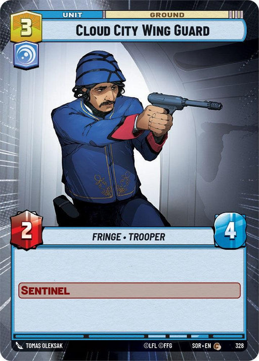 An illustrative card from the game shows a "Cloud City Wing Guard" trooper in a blue uniform and helmet, wielding a blaster. The card displays the text "Sentinel" and stats: 3 cost, 2 power, and 4 health. The bottom credits Tomas Oleksak and includes identifiers and logos of Cloud City Wing Guard (Hyperspace) (328) [Spark of Rebellion] by Fantasy Flight Games.