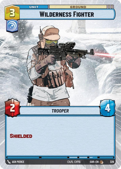 A card titled "Wilderness Fighter (Hyperspace) (329) [Spark of Rebellion]" from Fantasy Flight Games shows a soldier wearing winter camouflage and goggles, aiming a rifle with a laser sight. The card has a blue background with ice and snow. This unit has a cost of 3, power of 2, and health of 4. Keywords "Shielded," "Trooper," and "Spark of Rebellion" are displayed.