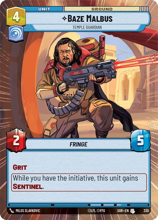 A card from "Spark of Rebellion" titled "Baze Malbus - Temple Guardian (Hyperspace) (330) [Spark of Rebellion]" by Fantasy Flight Games. It depicts a man wielding a large blaster rifle with red energy beams shooting out. The card shows values: 4 in the top left, 2 in the bottom left, and 5 in the bottom right. Text: "Grit. While you have the initiative, this unit gains Sentinel.
