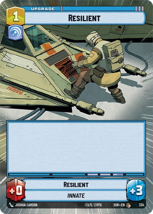 This is a card from the game "Spark of Rebellion" featuring an astronaut upgrading a spacecraft. Titled "Resilient (Hyperspace) (334) [Spark of Rebellion]," it shows a person kneeling while working on a panel. The card grants +0 offense and +3 defense, with text boxes present but not filled. Illustrated by Joshua Carson. This product is from Fantasy Flight Games.