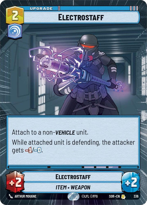 A rare card titled "Electrostaff (Hyperspace) (336) [Spark of Rebellion]" from Fantasy Flight Games features a masked individual in dark armor wielding a glowing, electrified staff. The card, linked to the "Spark of Rebellion" series, has an upgrade cost of 2 and provides bonuses "+2" in both power and defense. The background shows a metallic corridor. Detailed stats and item description are at the card's bottom.