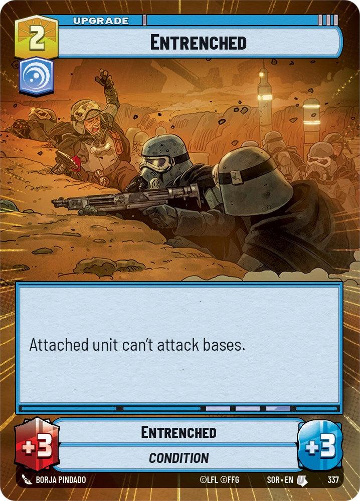 A card from the game showcases two armored soldiers in a trench aiming their weapons, with one soldier in the foreground and another positioned behind. This Upgrade card, titled 