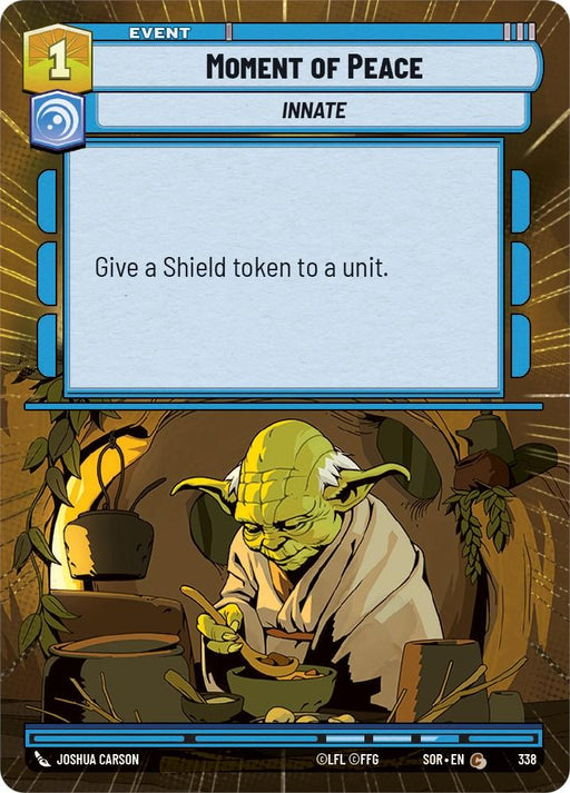 A trading card titled "Moment of Peace (Hyperspace) (338) [Spark of Rebellion]" shows a wise, green, elf-like character with large ears and a cane seated at a table. Surrounded by books and scrolls, the character is reading. The Event Card gives a Shield token to a unit with a yellow cost of 1. This product is created by Fantasy Flight Games.