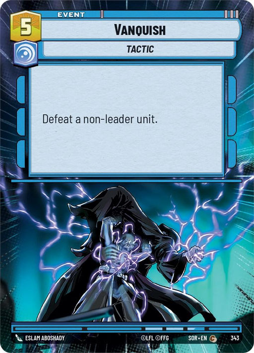 A "Vanquish (Hyperspace) (343) [Spark of Rebellion]" event card from a card game labeled as a "Tactic." The card requires 5 energy and its effect reads, "Defeat a non-leader unit." The artwork shows a hooded figure emitting purple lightning—symbolizing the Spark of Rebellion—in a dark, stormy environment.