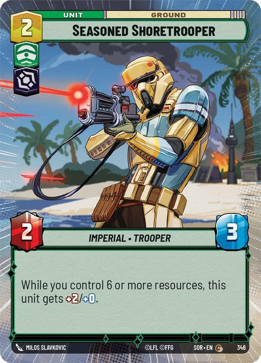 A card from a game showing a soldier labeled "Seasoned Shoretrooper (Hyperspace) (346) [Spark of Rebellion]." The Imperial Trooper wears tan and blue armor, holding a large blaster. Icons on the card indicate its unit type and abilities, with values 2 for power and 3 for health. Background features a tropical beach with palm trees and a ship. This card is produced by Fantasy Flight Games.