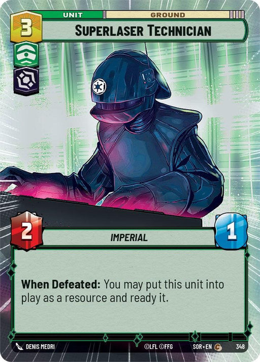 A card from the game "Hyperspace" featuring the "Superlaser Technician (348)" [Spark of Rebellion]. Costing 3 resources to play, it boasts 2 attack and 1 defense points. This "Imperial" unit has card text reading, "When Defeated: You may put this unit into play as a resource and ready it." The design includes sci-fi elements with a character in dark armor operating a control panel. An amazing product by Fantasy Flight Games.