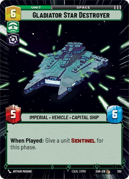 A starship trading card labeled "Gladiator Star Destroyer (Hyperspace) (350) [Spark of Rebellion]" with a cost of 6 in its top left. This Imperial Vehicle boasts 5 attack and 6 defense points. The blue, detailed spacecraft with green thrusters streaks through space. The card text reads: "When Played: Give a unit SENTINEL for this phase." Produced by Fantasy Flight Games.