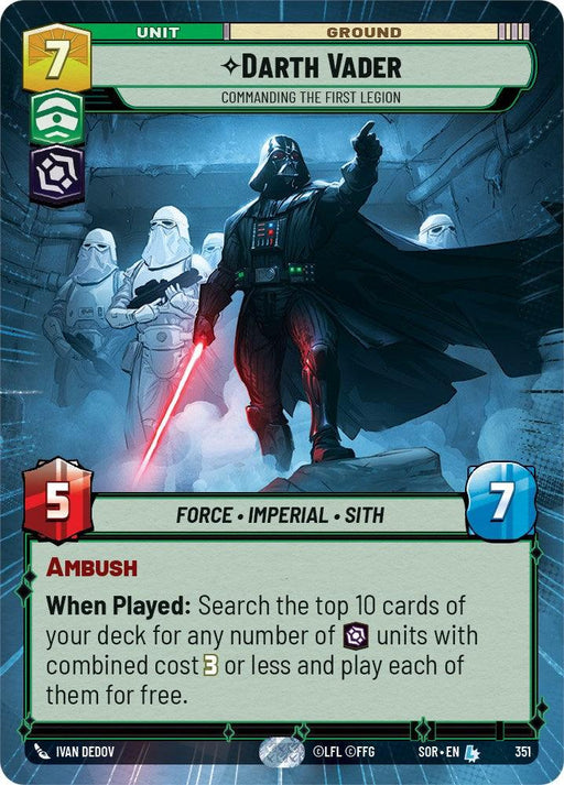 A legendary trading card featuring Darth Vader from the Star Wars universe. The card, titled "Darth Vader - Commanding the First Legion (Hyperspace) (351) [Spark of Rebellion]," showcases him with stormtroopers in the background. It has 7 energy cost, 5 attack, and 7 health. The card includes an "Ambush" ability and a special effect when played in Spark of Rebellion expansions. This product is produced by Fantasy Flight Games.