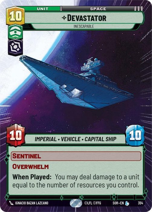 A trading card titled "Devastator - Inescapable (Hyperspace) (354) [Spark of Rebellion]" features a legendary, wedge-shaped spaceship called the Imperial Star Destroyer against a space backdrop with a distant sun. The capital ship showcases attributes like 10 strength and 10 durability, abilities Sentinel and Overwhelm, with a special effect when played. This trading card is part of Fantasy Flight Games' collection.