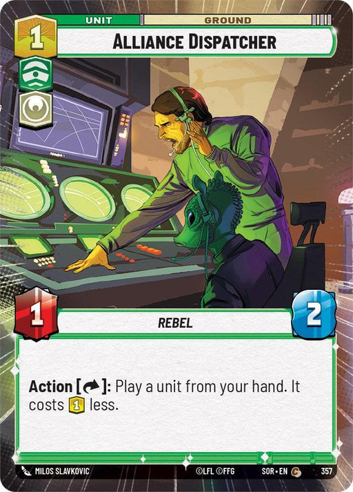 A game card titled "Alliance Dispatcher (Hyperspace) (357) [Spark of Rebellion]" from Fantasy Flight Games boasts a green and white border. It features a man in a green shirt at a control station with multiple monitors, using a headset and holding a small green creature. The card stats are 1 attack and 2 defense, with the Spark of Rebellion cost reduction ability of 1 resource.
