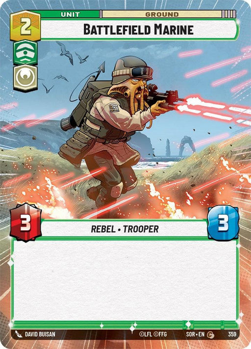 A Rebel Battlefield Marine, dressed in combat gear with a helmet, aims and fires a blaster amidst an outer-world landscape. Birds fly overhead while distant rocky terrain is visible. The Fantasy Flight Games card showcases values of 2 cost, 3 attack, 3 health, and labels the character as Battlefield Marine (Hyperspace) (359) [Spark of Rebellion].
