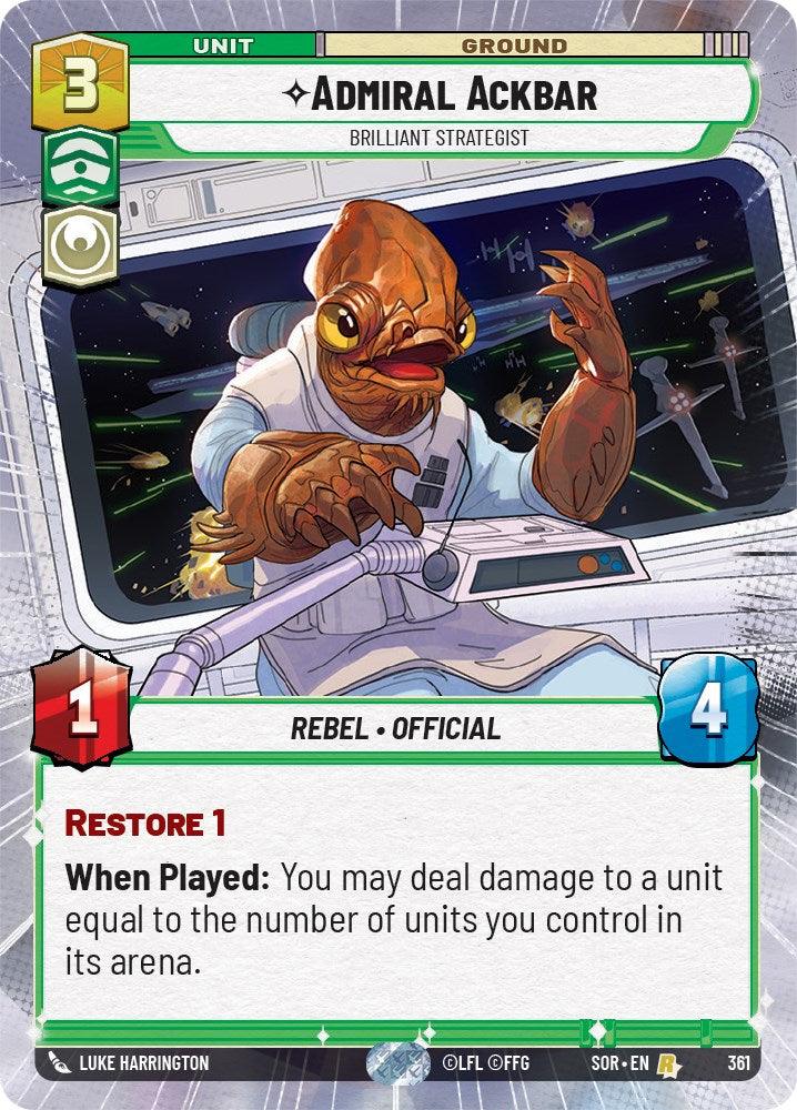 A digital card from Fantasy Flight Games, part of the "Spark of Rebellion" set and named "Admiral Ackbar - Brilliant Strategist (Hyperspace) (361)," depicts Admiral Ackbar as an anthropomorphic aquatic creature in a white uniform. This card, credited to Luke Harrington, has a cost of 3, power of 1, and health of 4, featuring the ability "Restore 1" along with a special action.