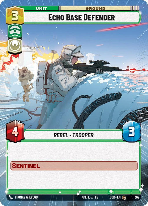 A card from the game "Echo Base Defender (Hyperspace) (362) [Spark of Rebellion]," titled "Sentinel," features a Rebel Trooper in winter gear, gripping a rifle on a snowy battlefield. Amidst flames and another trooper in the background, this Ground Unit has stats of 3 and 3. The scene captures the essence of the Spark of Rebellion.

Brand Name: Fantasy Flight Games