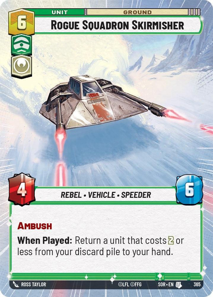 The *Rogue Squadron Skirmisher (Hyperspace) (365) [Spark of Rebellion]* card from **Fantasy Flight Games** shows the Rebel Vehicle 