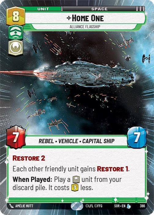 A card from a game showing the legendary Alliance flagship "Home One - Alliance Flagship (Hyperspace) (366) [Spark of Rebellion]." The card has an 8 resource cost, and its type is "Rebel Vehicle Capital Ship." It features 7 attack and 7 defense. The special abilities include "Restore 2." In the background is a massive spaceship in space with smaller ships flying around. This card is part of Fantasy Flight Games' collection.