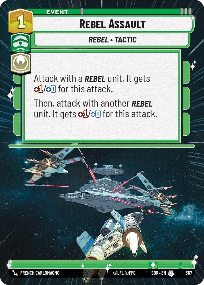 The "Rebel Assault" Event Card from the "Spark of Rebellion" set by Fantasy Flight Games showcases an exhilarating space skirmish with three agile spaceships launching an assault on a formidable battleship. The card's text provides strategic enhancements for Rebel units, offering bonuses, and its border is adorned with green and metallic accents.