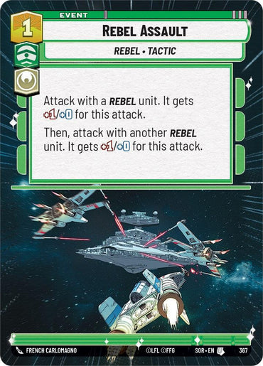 The "Rebel Assault" Event Card from the "Spark of Rebellion" set by Fantasy Flight Games showcases an exhilarating space skirmish with three agile spaceships launching an assault on a formidable battleship. The card's text provides strategic enhancements for Rebel units, offering bonuses, and its border is adorned with green and metallic accents.