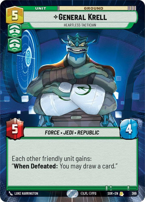 A digital trading card features "General Krell," a Heartless Tactician with blue-green skin and four arms. His imposing figure is armored, and he stands against a futuristic backdrop. The card details his unit type, force affiliations, and abilities. Power and defense stats are 5 and 4, respectively. The product name for this card is General Krell - Heartless Tactician (Hyperspace) (369) [Spark of Rebellion] from Fantasy Flight Games.