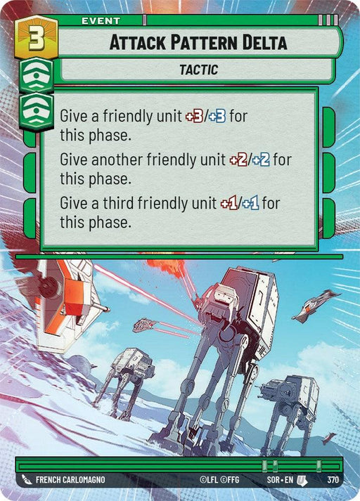 A card titled "Attack Pattern Delta (Hyperspace) (370) [Spark of Rebellion]" with a cost of 3 and labeled as an event tactic. The card shows three AT-AT walkers in a snowy battle scene, with spaceships flying overhead. Instructions on the card: "Give a friendly unit +3/+3 for this phase. Give another friendly unit +2/+2 and a third friendly unit +1/+1 for this phase." This product is by Fantasy Flight Games.
