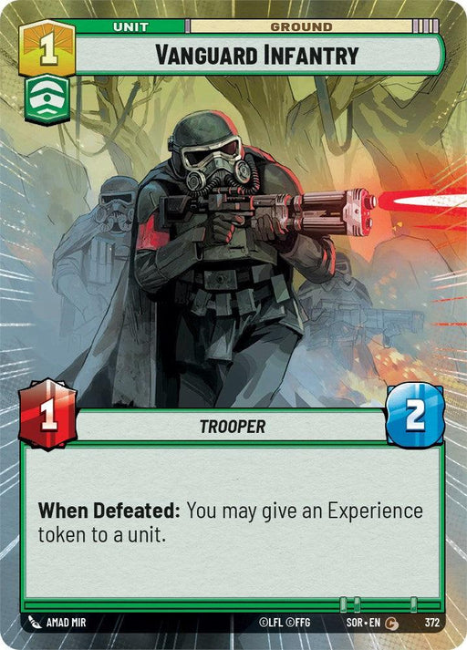 Image of a "Vanguard Infantry (Hyperspace) (372) [Spark of Rebellion]" trading card featuring a unit named "Vanguard Infantry" with 1 attack and 2 defense. The card shows armored Troopers in gas masks holding weapons against a backdrop of a fiery blast. Text: “When Defeated: You may give an Experience token to a unit.” Brand: Fantasy Flight Games.