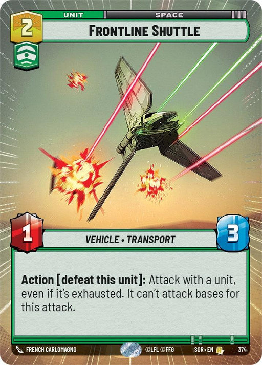 A rare card from the Fantasy Flight Games' Star Realms game titled "Frontline Shuttle (Hyperspace) (374) [Spark of Rebellion]," featuring a green border and costing "2." The card depicts a spaceship under attack, firing red and green lasers. It includes various stats, symbols, and text detailing the unit's abilities, sparking rebellion in gameplay strategy.