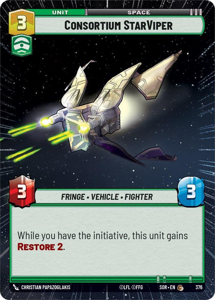 From the game Spark of Rebellion, this Fantasy Flight Games Consortium StarViper (Hyperspace) (376) [Spark of Rebellion] card features a spaceship with angular wings and green thrusters against a space backdrop. With a unit cost of 3, attack of 3, and health of 3, its text reads: 