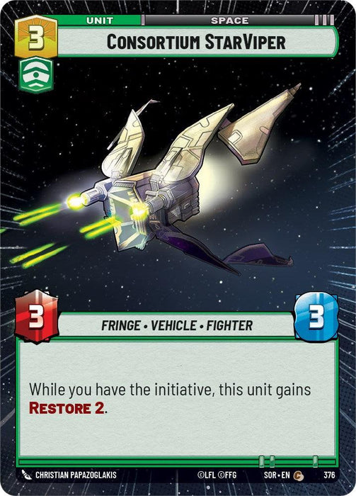 From the game Spark of Rebellion, this Fantasy Flight Games Consortium StarViper (Hyperspace) (376) [Spark of Rebellion] card features a spaceship with angular wings and green thrusters against a space backdrop. With a unit cost of 3, attack of 3, and health of 3, its text reads: "While you have the initiative, this unit gains Restore 2.