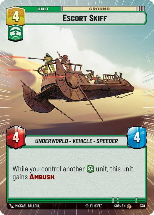 A card from the game titled "Spark of Rebellion." The main illustration shows a flying vehicle with characters on board, perched on an upward slope. The card has a green shield symbol, 4 cost, and stats of 4/4. Text reads: "While you control another green unit, this Escort Skiff (Hyperspace) (378) [Spark of Rebellion] gains Ambush".