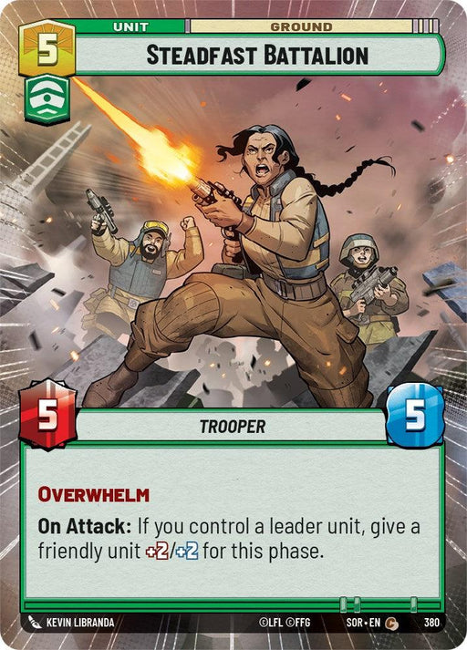 A card from the game "Spark of Rebellion" shows a fierce battle scene with three troopers firing weapons. The card, Steadfast Battalion (Hyperspace) (380) [Spark of Rebellion] by Fantasy Flight Games, includes stats: cost (5), attack (5), and health (5). Special abilities are "Overwhelm" and "On Attack," with a bonus if a leader unit is controlled.